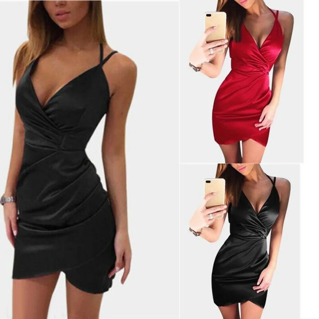 Boycon Sexy Dress Women Summer 2019 Casual Solid Satin Mini Sleeveless Dresses Club Party V Neck Streetwear New Vestidos| |