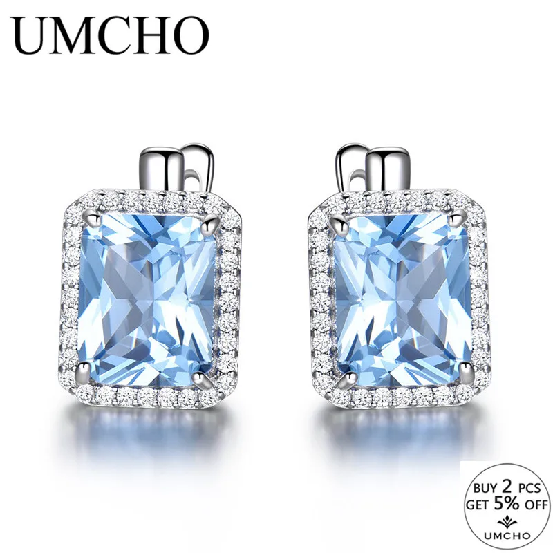 UMCHO Роскошные прямоугольные небесно-голубые серьги-клипсы с топазом, твердые 925 пробы Серебряные Серьги с драгоценными камнями для женщин, хорошее ювелирное изделие