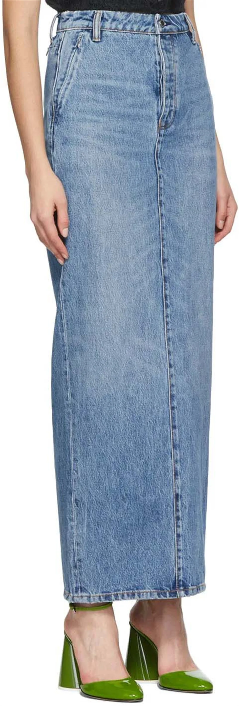 

2022 Spring New Women Midi Jean Skirts with Pockets Ladies Retro Blue Stitching Slim Casual Long Skirt