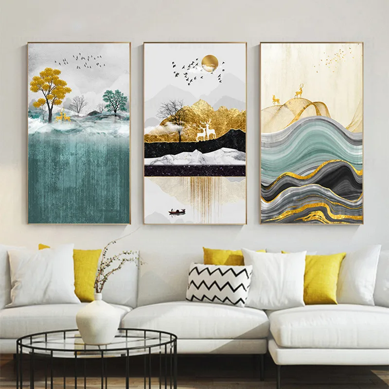 

Abstract Golden Foil Canvas Painting Modern Gold Sun Deer Wall Art Picture For Living Room Nordic Blue Green Block Poster Print