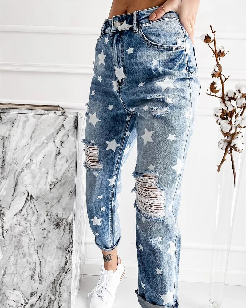 

Star Print Zipper Fly Slant Pocket Ripped Jeans Women Summer 2021 New Fashion