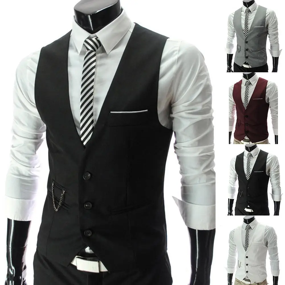 Fashion Men Waistcoat Vest Solid Color V Neck Sleeveless Buttons Blazer Plus Size Formal Business Jacket chalecos para hombre