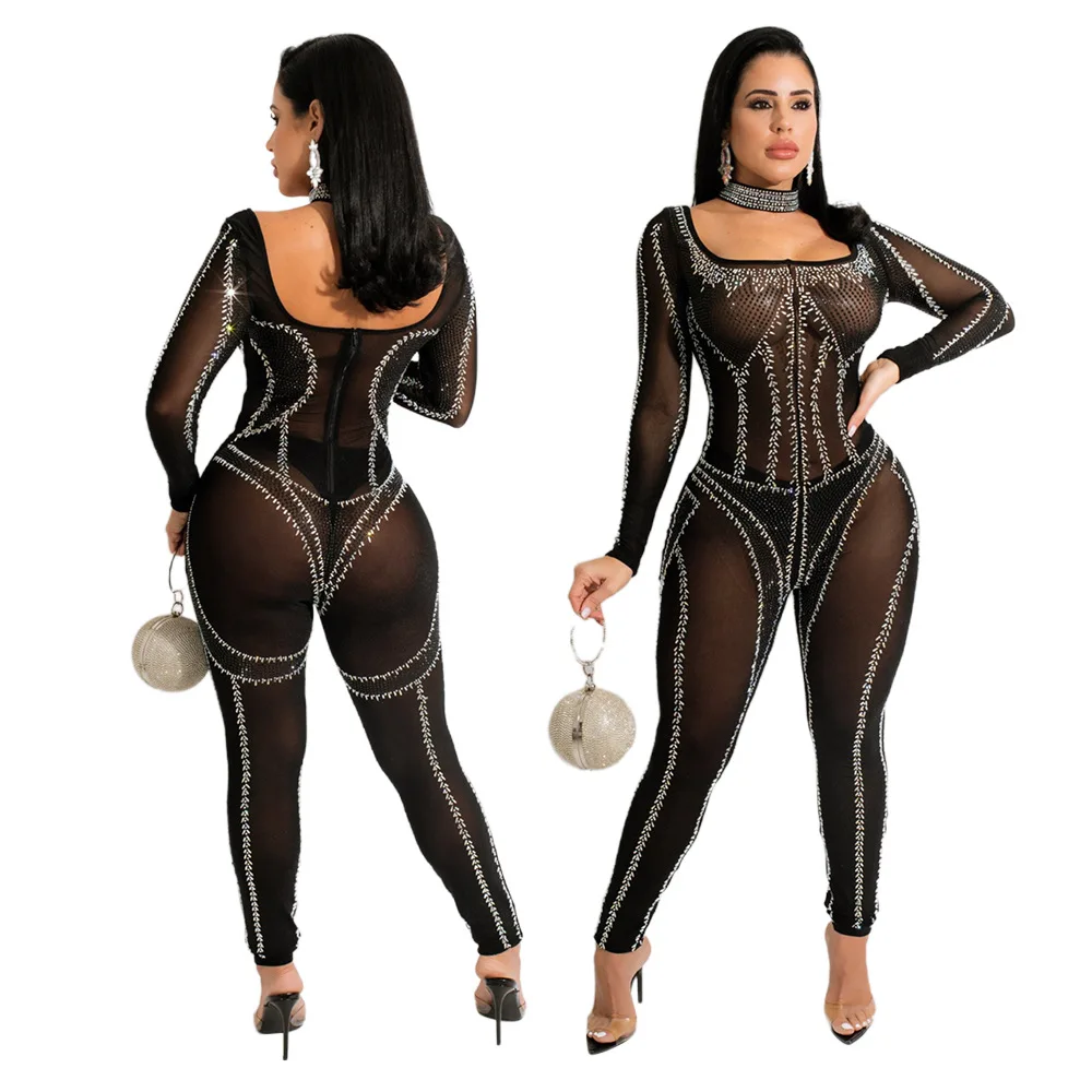 

Women Mesh See Though Diamonds Hot Drill Bodycon Long Sleeve Jumpsuit Sexy Party One Piece Overall Romper Playsuits