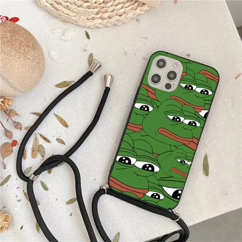 

Funny cute frog Pepe Phone Case For iPhone 7 8 11 12 X XS XR MINI Pro Max Plus Strap Cord Chain Lanyard soft