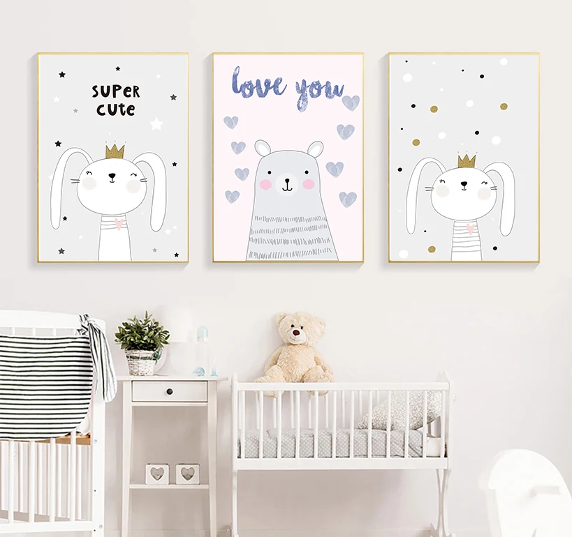 Kawaii настенная Картина на холсте искусственная картина мультяшный медведь Кролик