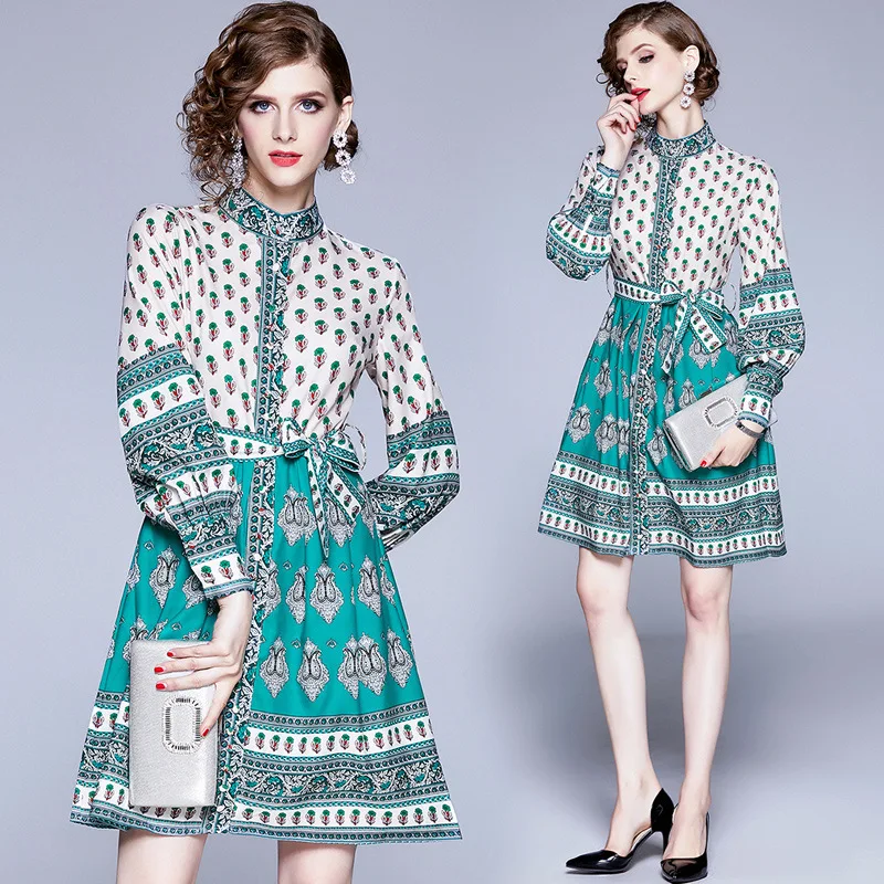 Осень зима 2019 женское платье со стоячим воротником длинным рукавом фонариком