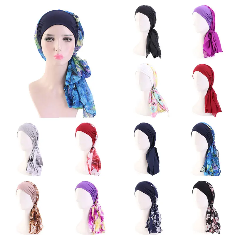 

Women Elastic Wide Edge Turban Hat Muslim Chiffon Hijab Scarf Hat Hair Wear Head Wrap Lady Headwear Cancer Hat India Cap Bandana