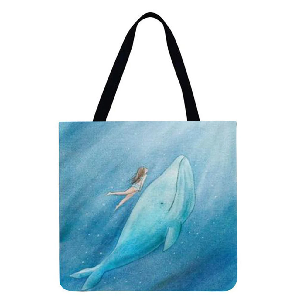 

Women Linen Shopping Bag Girl and whale Printed Shoulder Female Bag Large Capacity Eco Handbag Tote Reusable Grocery Shopper Bag