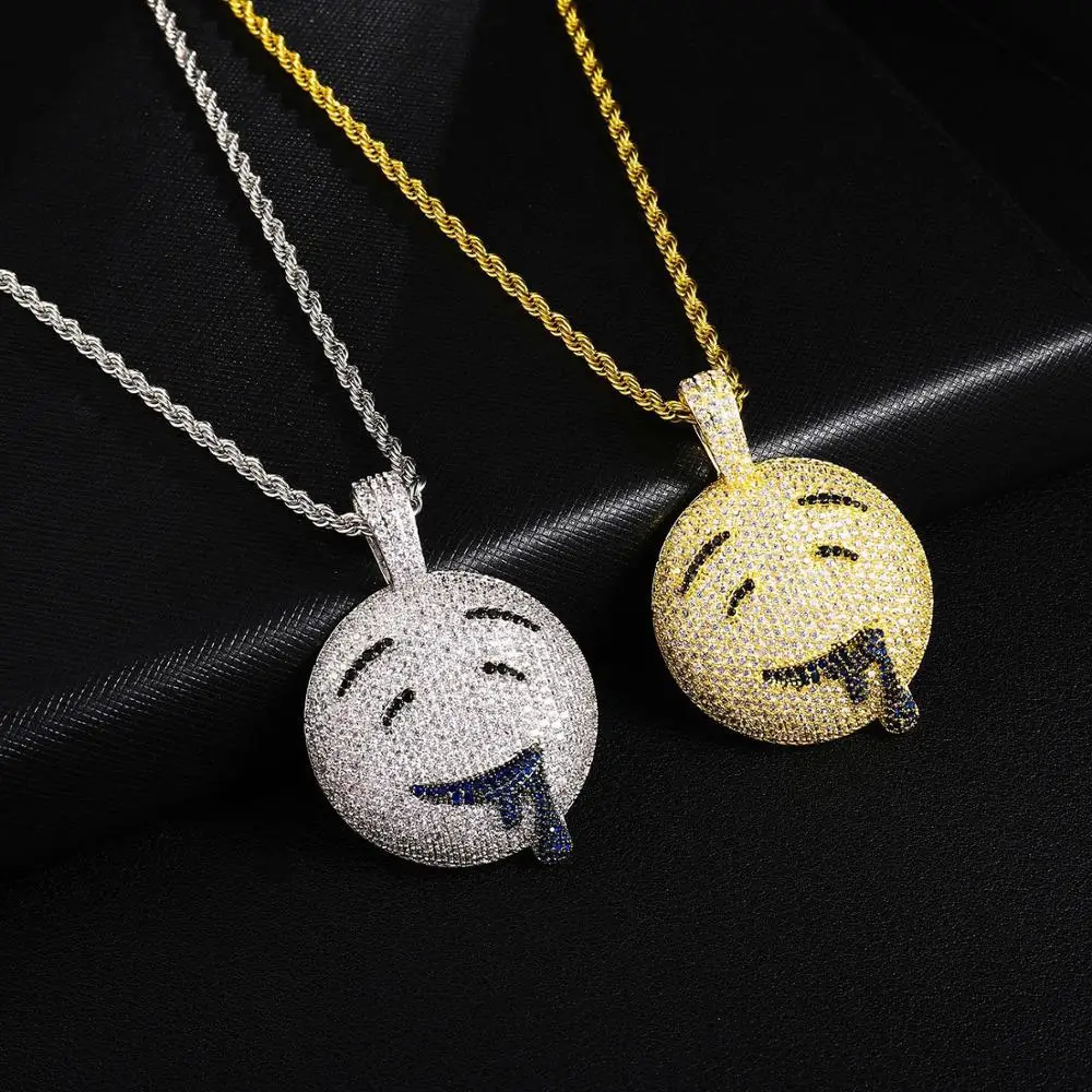 Drool Round Face Pendant With Tennis Chain Iced out Charm Bling Cubic Zircon Men's Hip hop Necklace Rock Jewelry | Украшения и
