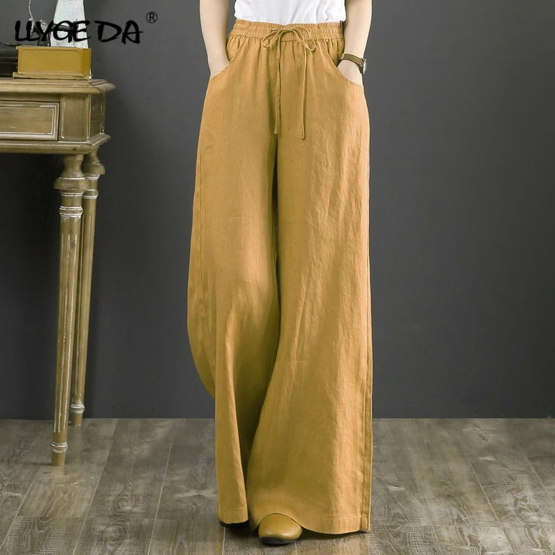 

Cotton Linen Wide Leg Pants For Women High Waist Solid Drawstring Loose Women's Pants 2021 Summer Casual Trousers For Female