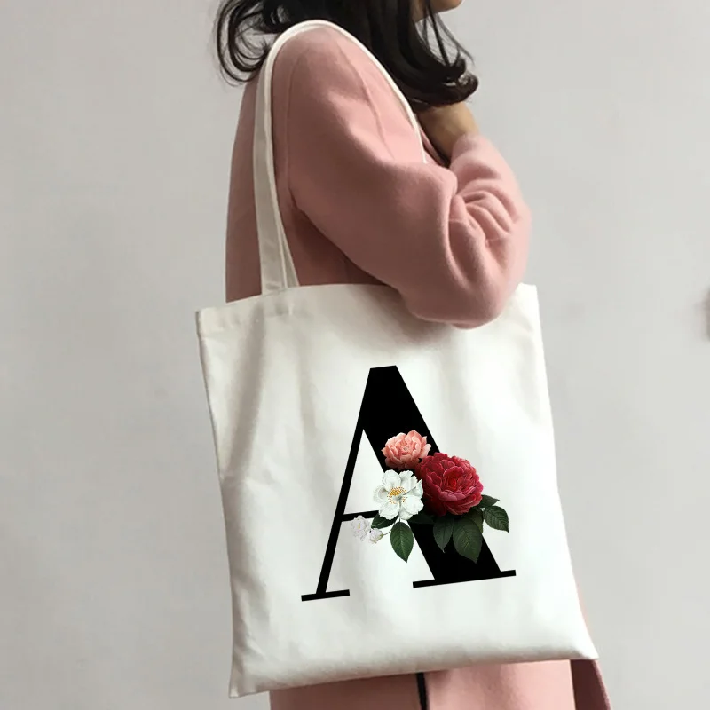 

Bags Canvas Shopping Bag 26 Letters Print Books Bag Female Cotton Cloth Shoulder Bag Eco Handbag Tote Bags Reusable Shopper Bags