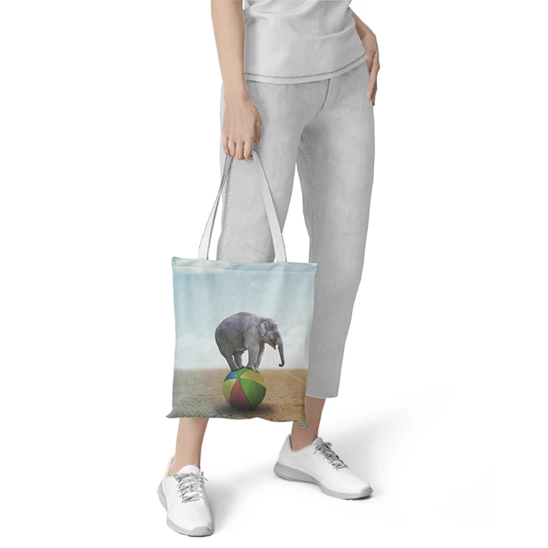 

Women's Canvas Shoulder Bags Elephant Printed Shopping Bags Handbag Casual Tote Bags Ladies Bolsa Shopper Eco Reusable Bags