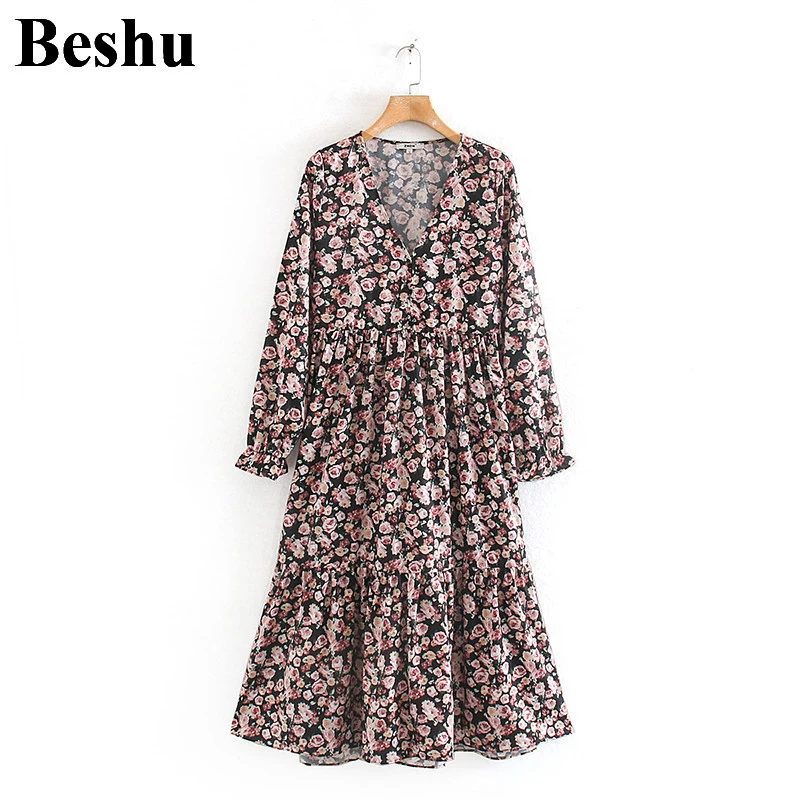 Za 2019 Платье женское свободное миди платье с принтом повседневное винтажное v