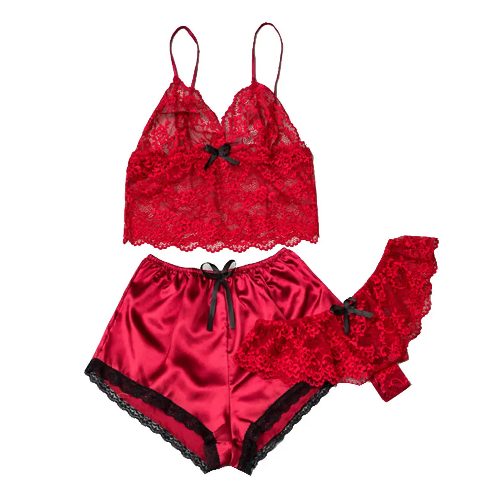 Sexy Camisole Shorts Thong Pajamas Sets Women’s Summer Solid Color Lace Home Clothes Three Piece Suit | Женская одежда