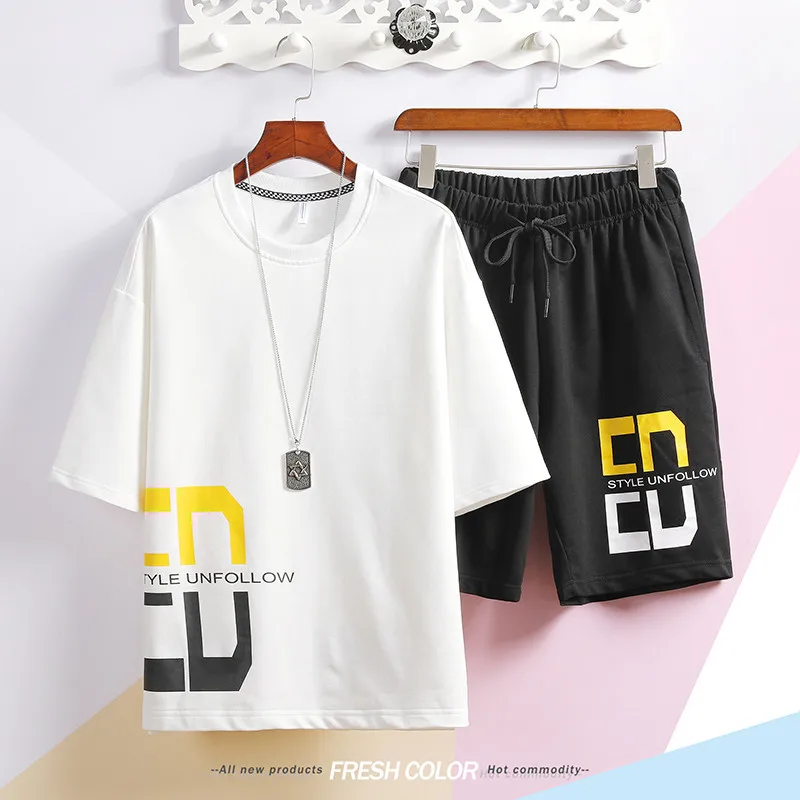 

Футболка мужская из двух предметов с коротким рукавом, эластичные шорты на шнуровке, в японском стиле, свободный костюм в стиле ретро, цвет к...