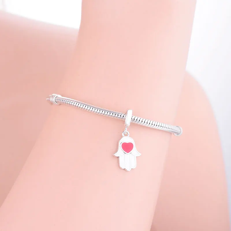 100% серебряная подвеска с красной эмалью Рука Хамса в виде любовной бусины