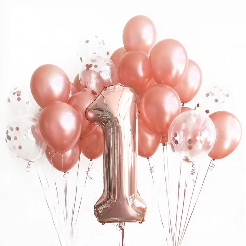 

12pcs Rose Gold Happy Birthday Letter Foil Balloons Birthday Party Decor First Baby Princess Girl Boy My 1 One Year Baby Shower