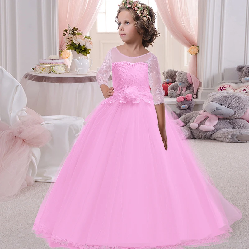 White Long Sleeve Pink Bridesmaid Dress Kids Dresses For Girls Clothing Princess Dress Girl Party Wedding Dress 10 12 Year
