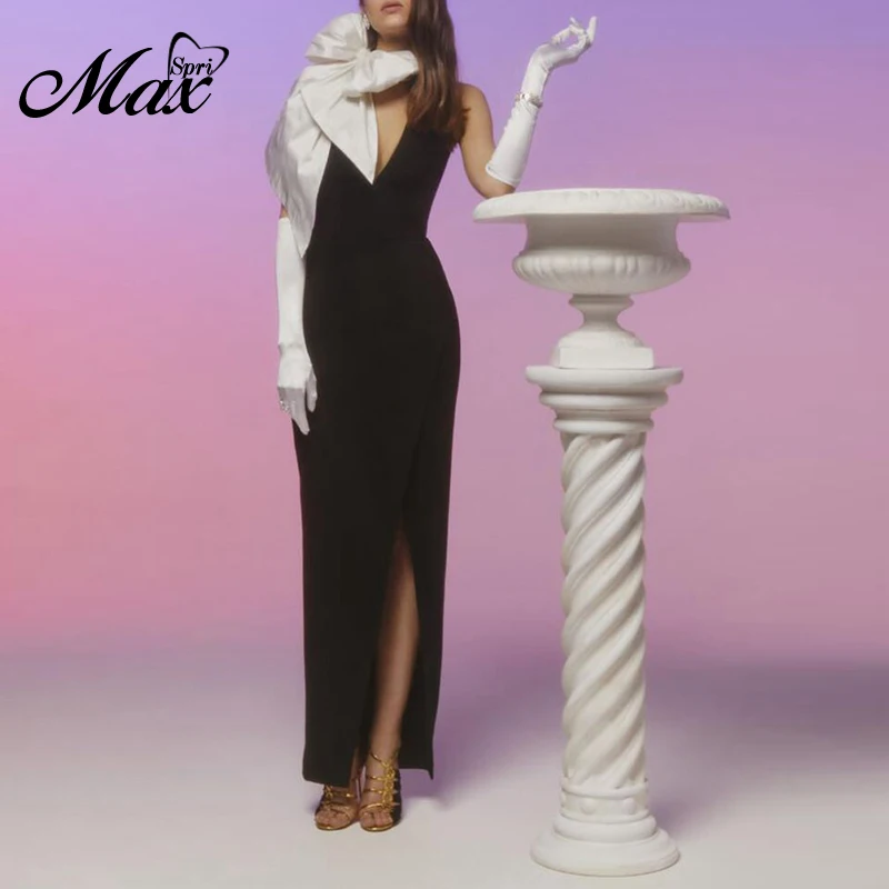Женское вечернее платье Max Spri черное Клубное с v образным вырезом бантом и