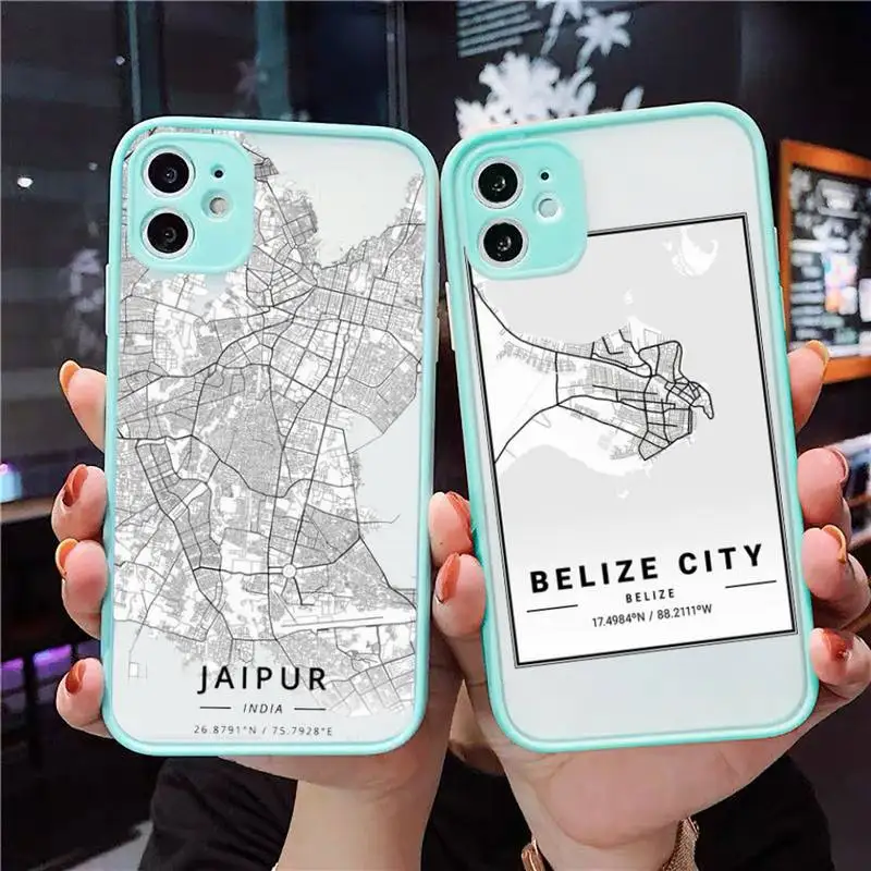 

Ins Travel Country Sketch Exclusive City Map Phone Case For iPhone 13 12 11 Mini Pro XR XS Max 7 8 Plus X Matte transparent blue