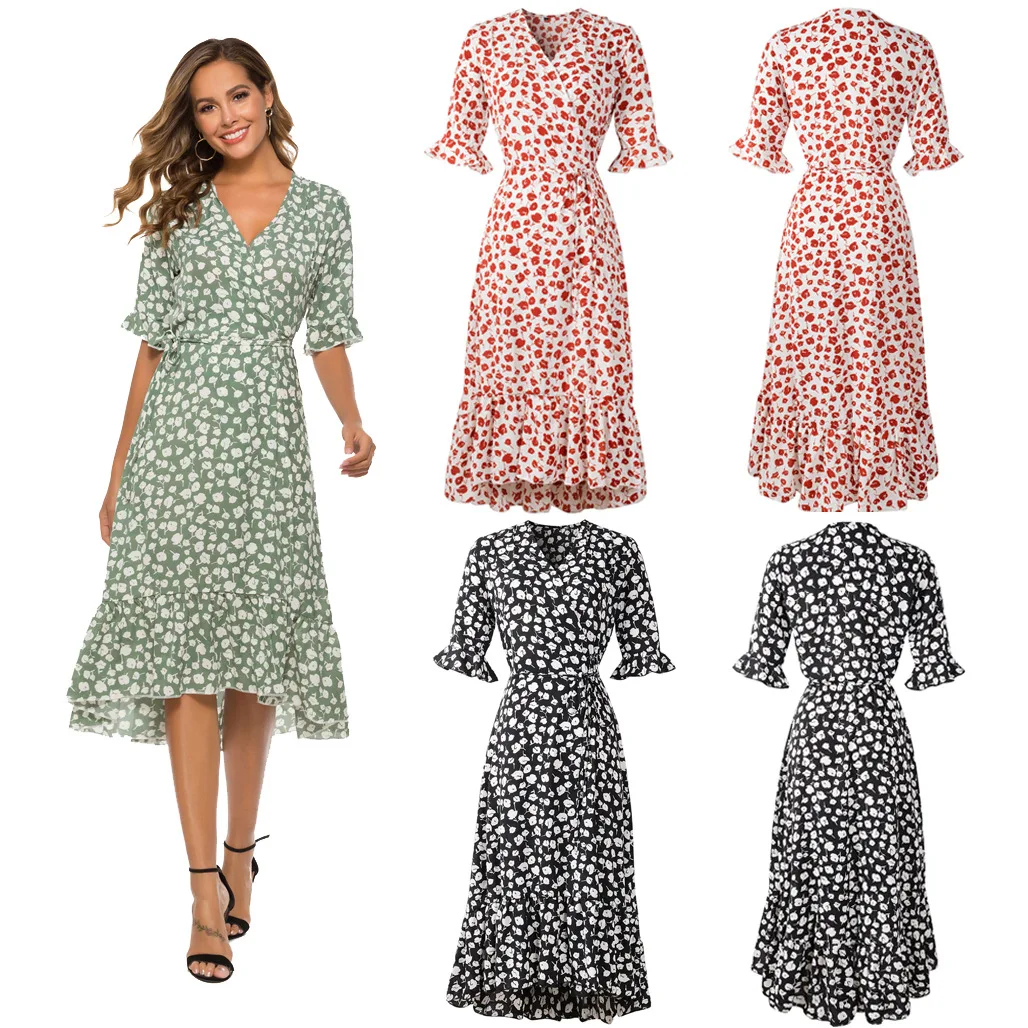 

Women Casual Summer Chiffon Dress Lady Ruffle Vintage Floral Printed Slim Dresses Female Sexy V-Neck Belt Split Party Vestidos