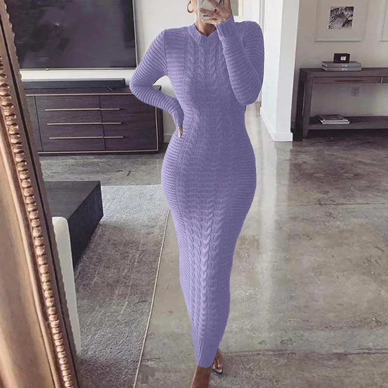 

Women Knitted Dresses New Winter Long Sleeved Solid Color Slim Long Dress Yellow Gray Purple Black Beige