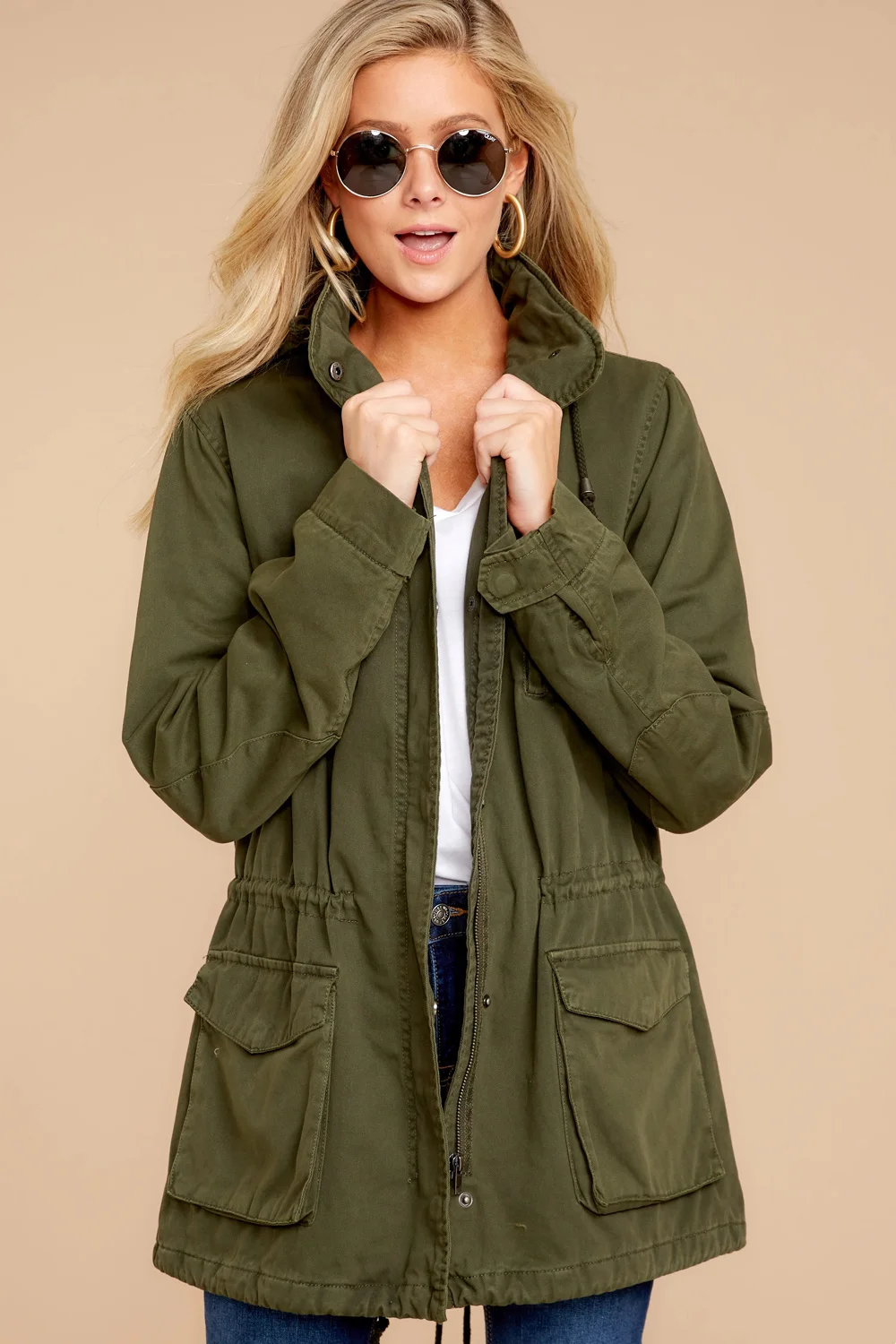 

Military Jacket Women Hooded Windbreaker Autumn Winter Female Long Sleeve Outerwear Casual Streetwear Stand Collar Zip Up Jacket