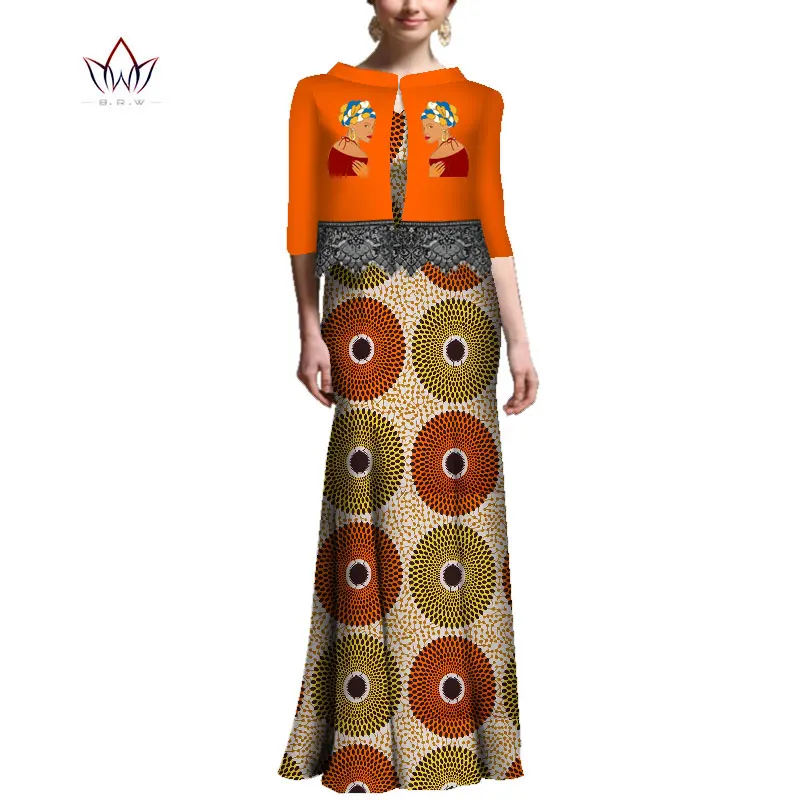 African Top And Dresses For Women Print Half Sleeve Long Skirt Suit Bazin Riche Two Pieces Ankara Appliqued Clothing WY5559