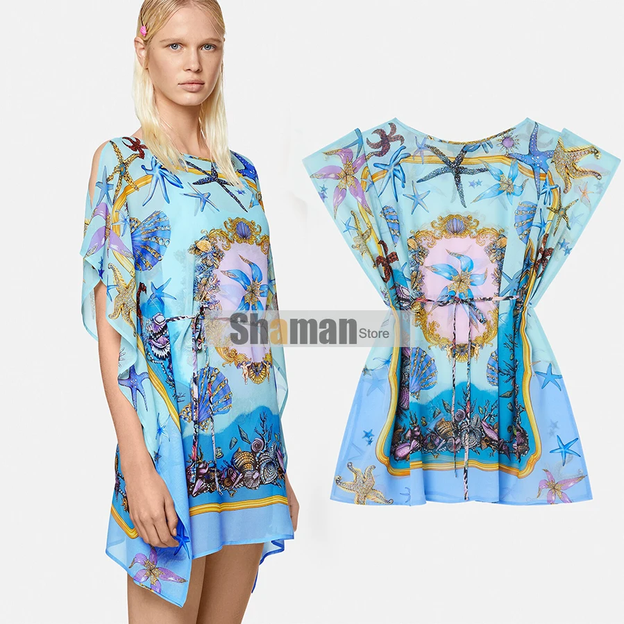 

luxury designer 2021 high end branded dresses woman sheer ocean blue PURE SLIK sea animals Caftan boho summer kaftan woman dress