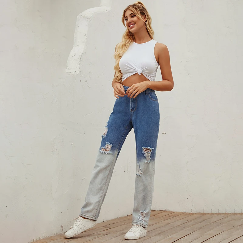 

JYSS fashion ripped jeans for women gradient blue leisure straight high waist ripped jeans female 30201