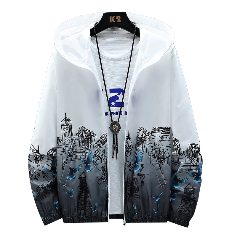 

2021 new men's jacket thin slim-fit sun protection clothing fashion trend skin clothing printed hooded high-quality jacket