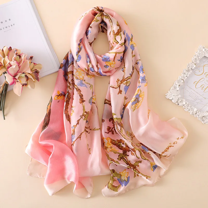 

2021 Women Imitation Silk Scarf Trees Print Shawls Office Lady Soft Wraps Female Headscarf Beach Towel Best Gift 90x180cm