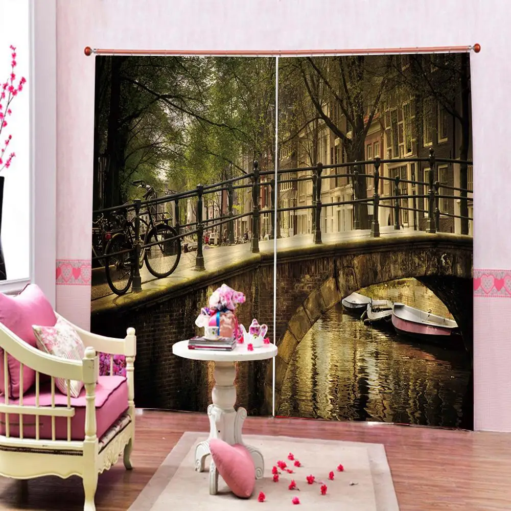 

3D Curtain Photo Customize Size Bow Bridge Trees room Living Room Office Hotel Blackout Curtain Decoration