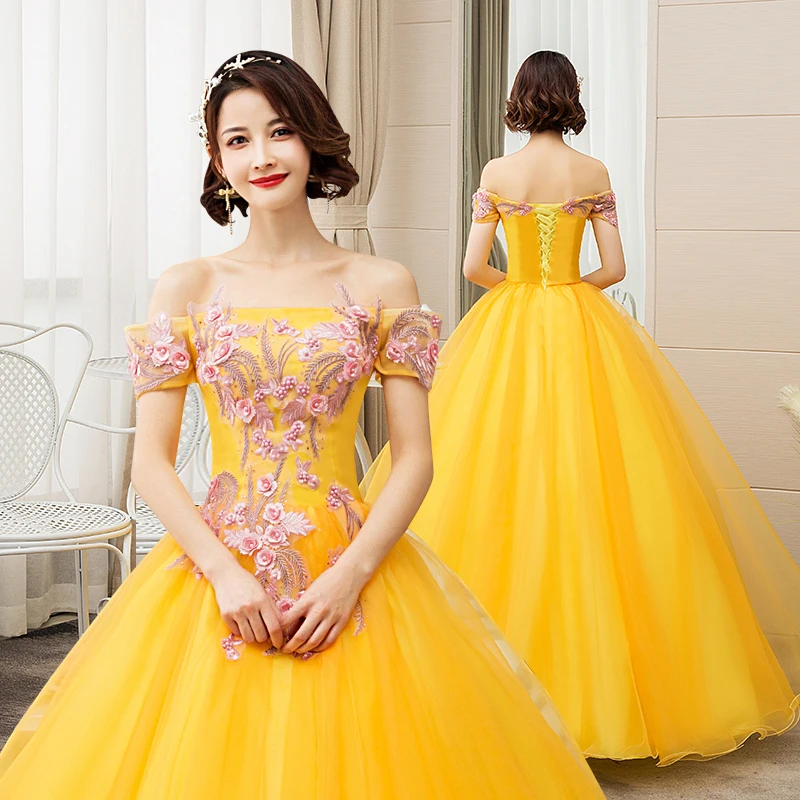 

Quinceanera платье Желтый бальное платье 3D цветы корсет Принцесса Тюль Набор позолоченных ювелирных изделий сладкий 16 платья Vestido De дебютанток