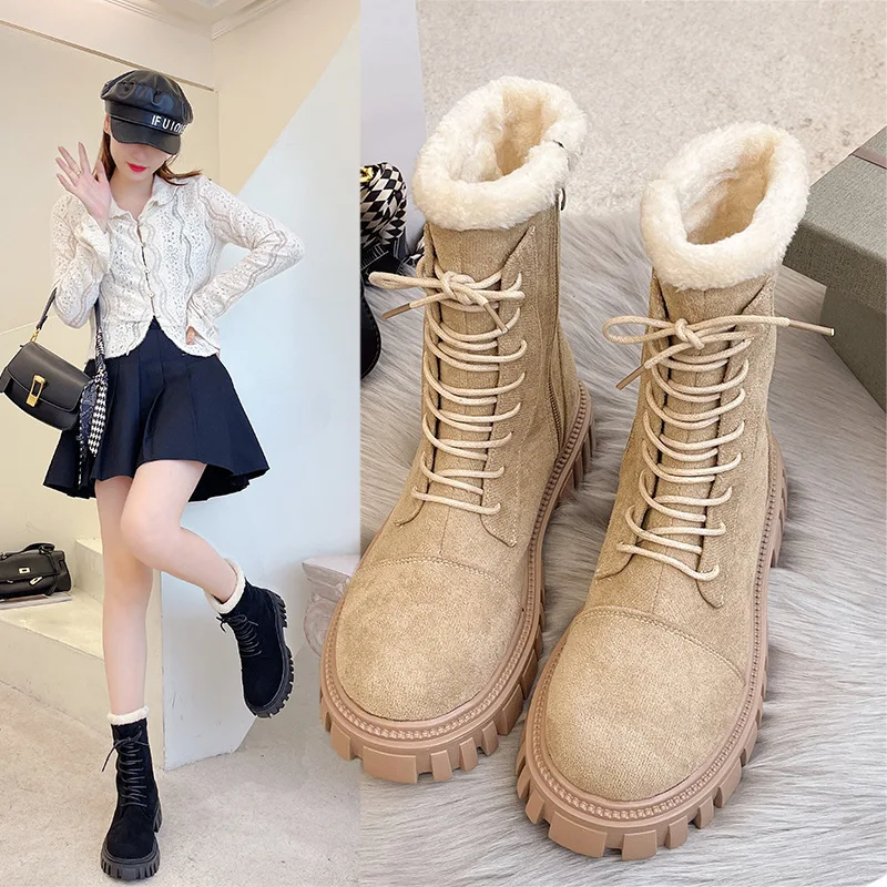 

Winter Platform Snow Boots Women's Mid-calf Boots Plush Warm Ladies Shoes 2021 British Fashion Lace-up High 6 Boots Women