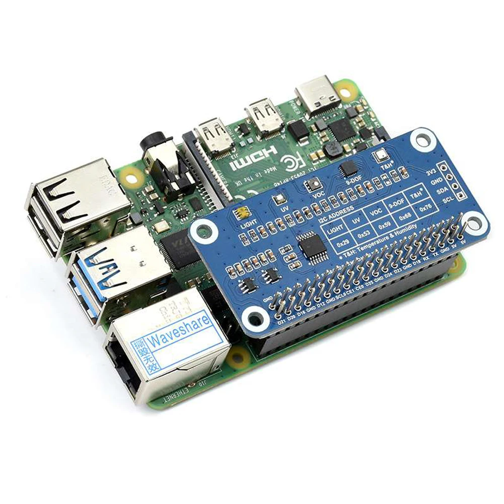 Датчик окружающей среды Waveshare для Raspberry Pi I2C встроенная шина TSL25911FN ICM20948 LTR390-UV-1 SGP40