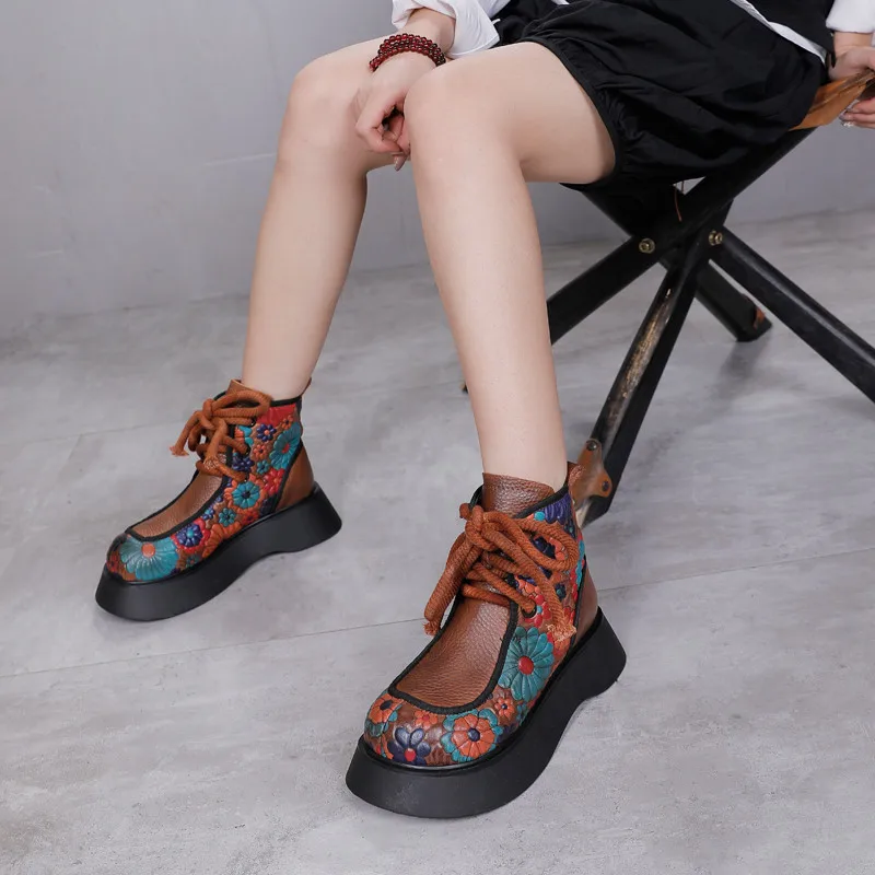 Winter Women Boots Genuine Leather Platform Lace Up Print Ankle Motorcycle Thick Heel Wedges Booties Shoes For Woman | Обувь