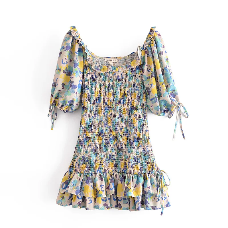 

Summer women holiday vintage stretch Bandage short Dress Lace puff sleeve Printed Dresses beach Slim Pleated floral Vestidos