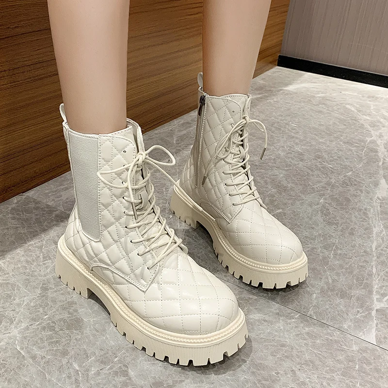 

Women Platform Ankle Boots 2021 Autumn Woman British Style Boots Ladies Slip On Solid Shoes Female Belt Bukle Flats Winter Shoe