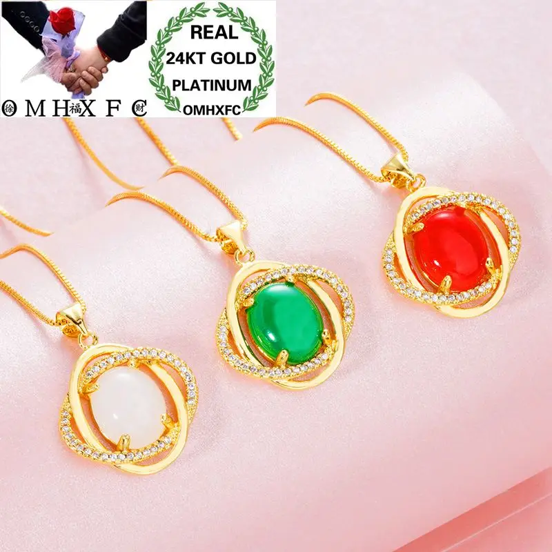 

OMHXFC оптовая продажа, Европейская мода, женский подарок на день рождения, свадьбу, Овальный халцедон, циркон, 24KT, Настоящее золото, подвеска ...