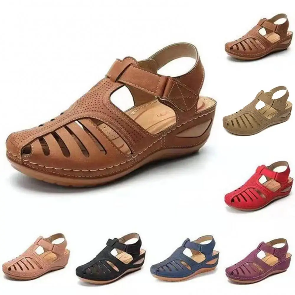 

Women Shoes Summer Retro Hook Loop Closure Non-slip Hollow Beach Wedge Sandals