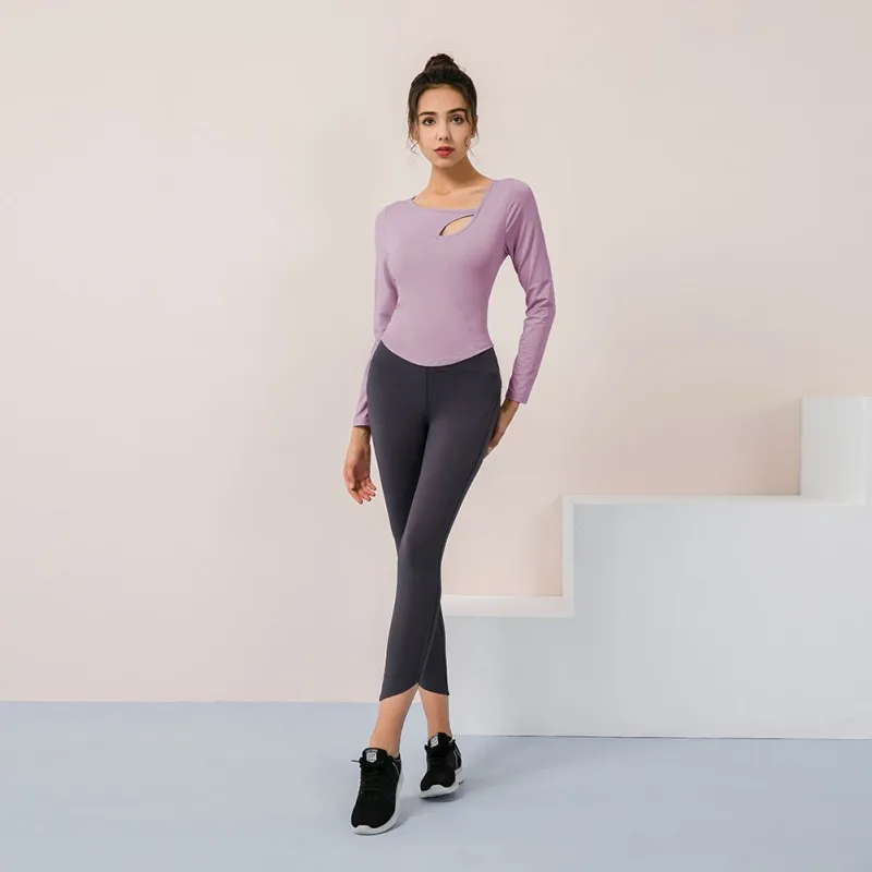 

Women Fitness Sports Tee Shirts Long Sleeves With Chest Pad Sexy Hollow Tight Sports Clothing