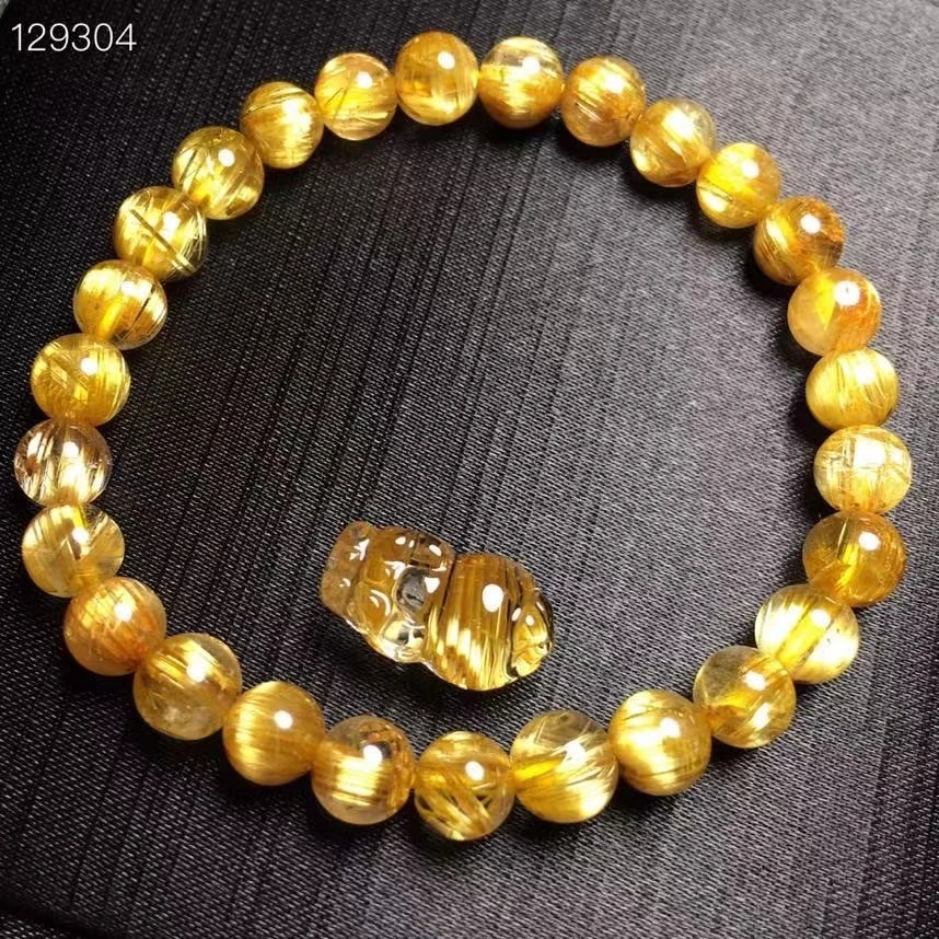 Bestellen Echte Natürliche Brasilien Gold Rutilated Titan Quarz Armband 6,6mm Frau Mann Runde Perlen Pi Xiu Anhänger 15.5*8.9*8mm AAAAA
