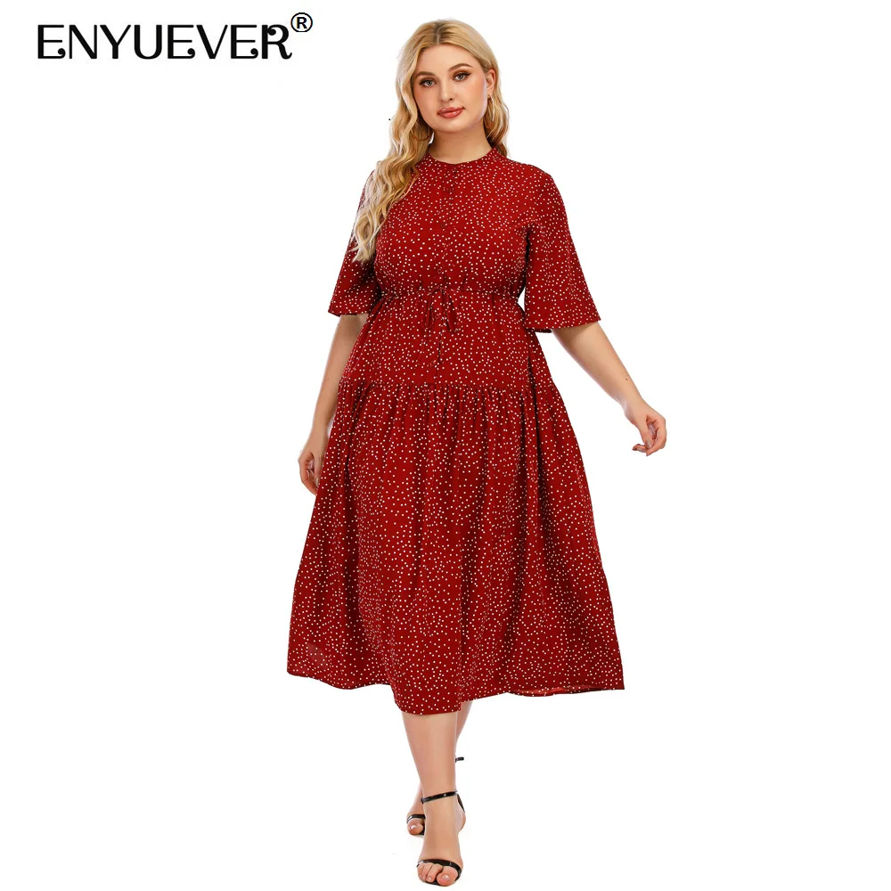 

Enyuever Plus Size Women Dresses Casual Summer Clothing Half Sleeve Button High Waist Burgundy Polka Dot Office Ladies Dresses
