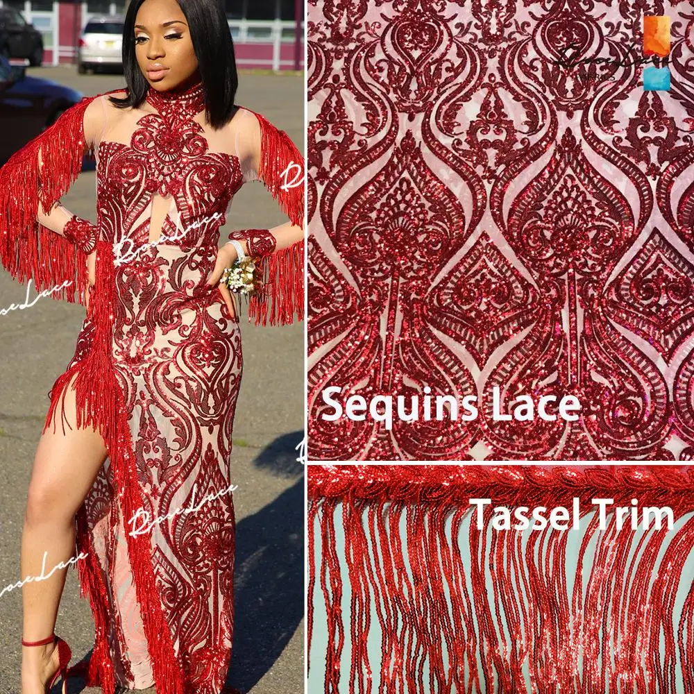 Кружевная ткань с красными блестками вышивкой кисточками для выпускного вечера