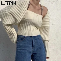 ltph korean fashion streetwear women sweaters 2 piece long sleeve knitted cardigan sexy slim sleeveless camisole 2021 autumn new