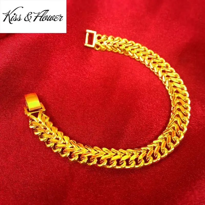 

KISS&FLOWER BR147 Fine Jewelry Wholesale Fashion Man Boy Birthday Wedding Gift Majestic Wide Thickened 24KT Gold Chain Bracelet