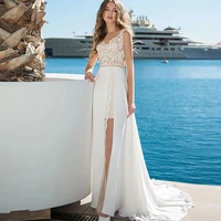 v neck wedding dresses for woman 2021 simple chiffon beach sleeveless sheath a line lace up floor length 2021 court train