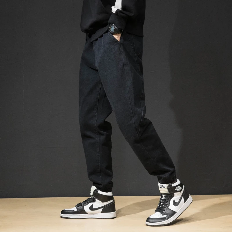 Модные уличные мужские джинсы свободного покроя черные синие брюки-карго