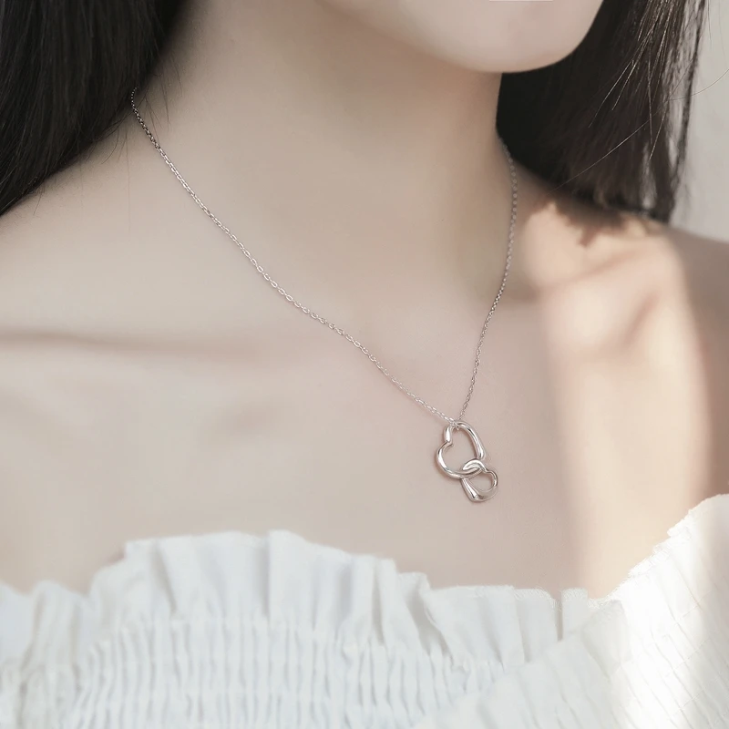 

BAC37 Genuine 925 Sterling Silver Necklace Double Heart Pendant For Women Love Necklace Pendant Jewelry